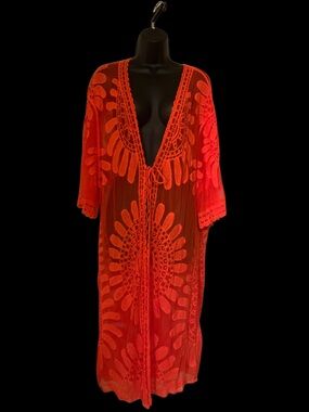 SHEIN Bright Orange Crochet Tie-Front Swim Coverup